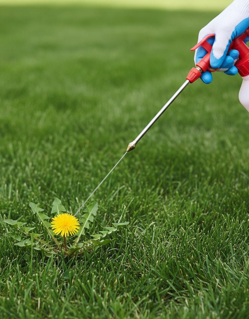Homeowner applying selective herbicide to a dandelion in a green lawn.