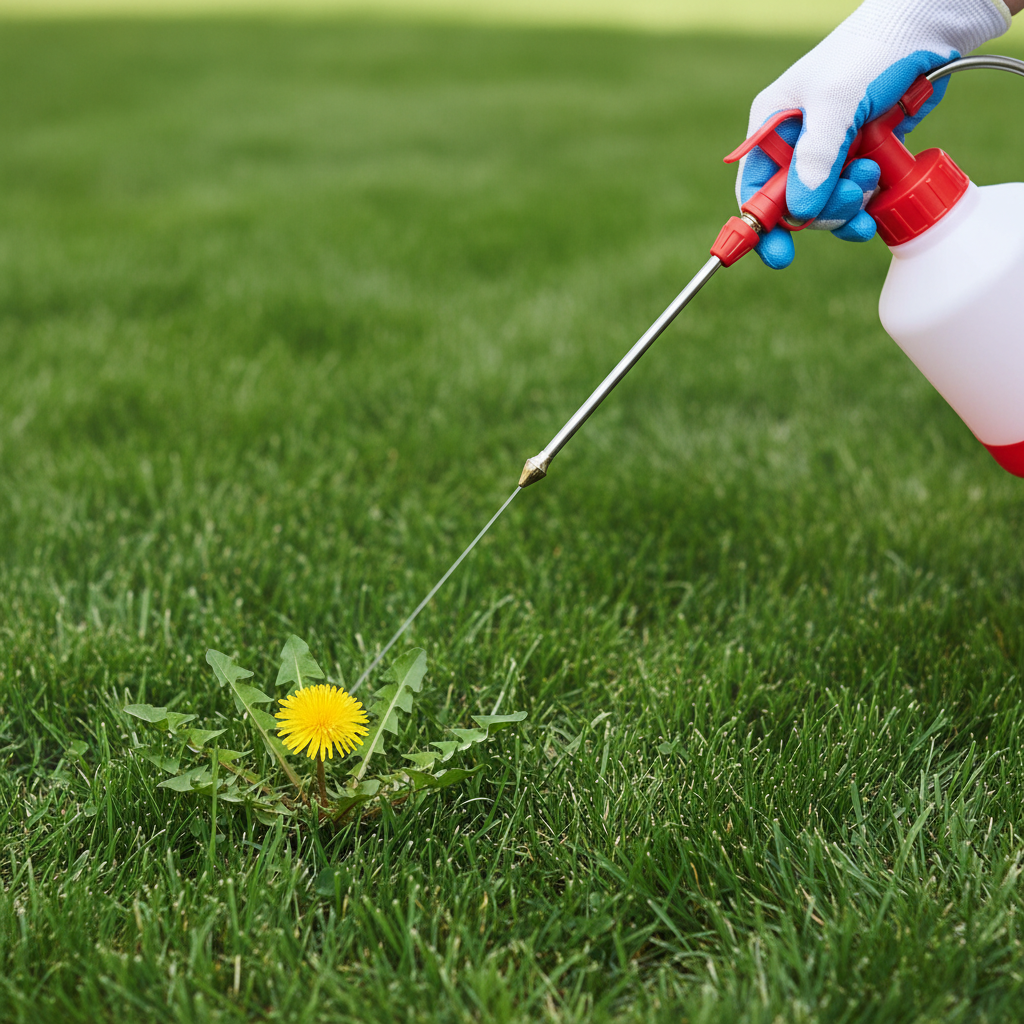 Homeowner applying selective herbicide to a dandelion in a green lawn.
