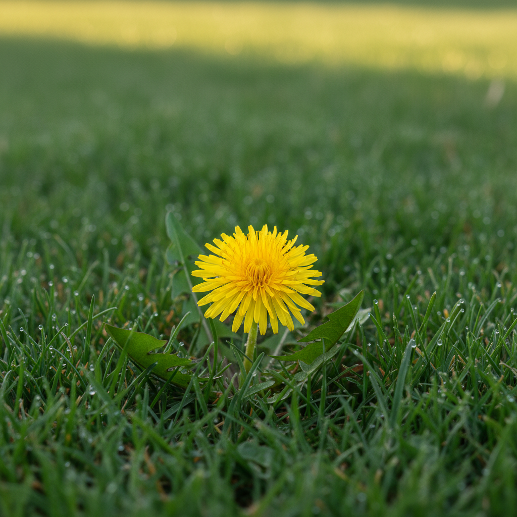 A vibrant yellow dandelion bloom poking through a lush green lawn, symbolizing its persistent return.
