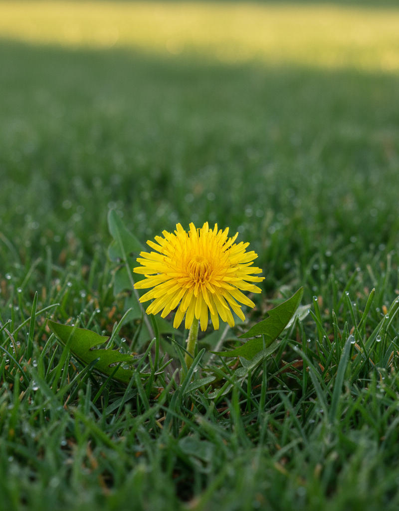 A vibrant yellow dandelion bloom poking through a lush green lawn, symbolizing its persistent return.