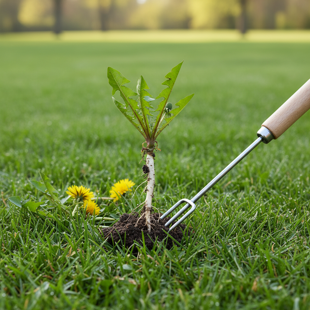 Homeowner using a weeding tool to carefully extract a dandelion, showing its long taproot, from a healthy, green lawn.