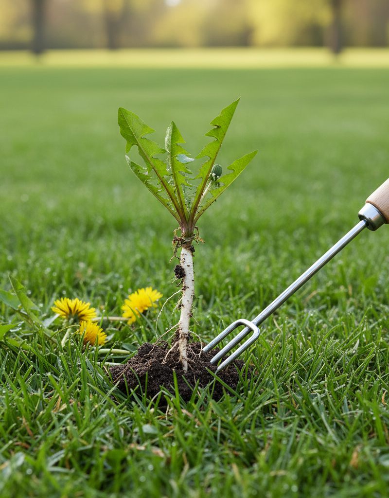 Homeowner using a weeding tool to carefully extract a dandelion, showing its long taproot, from a healthy, green lawn.