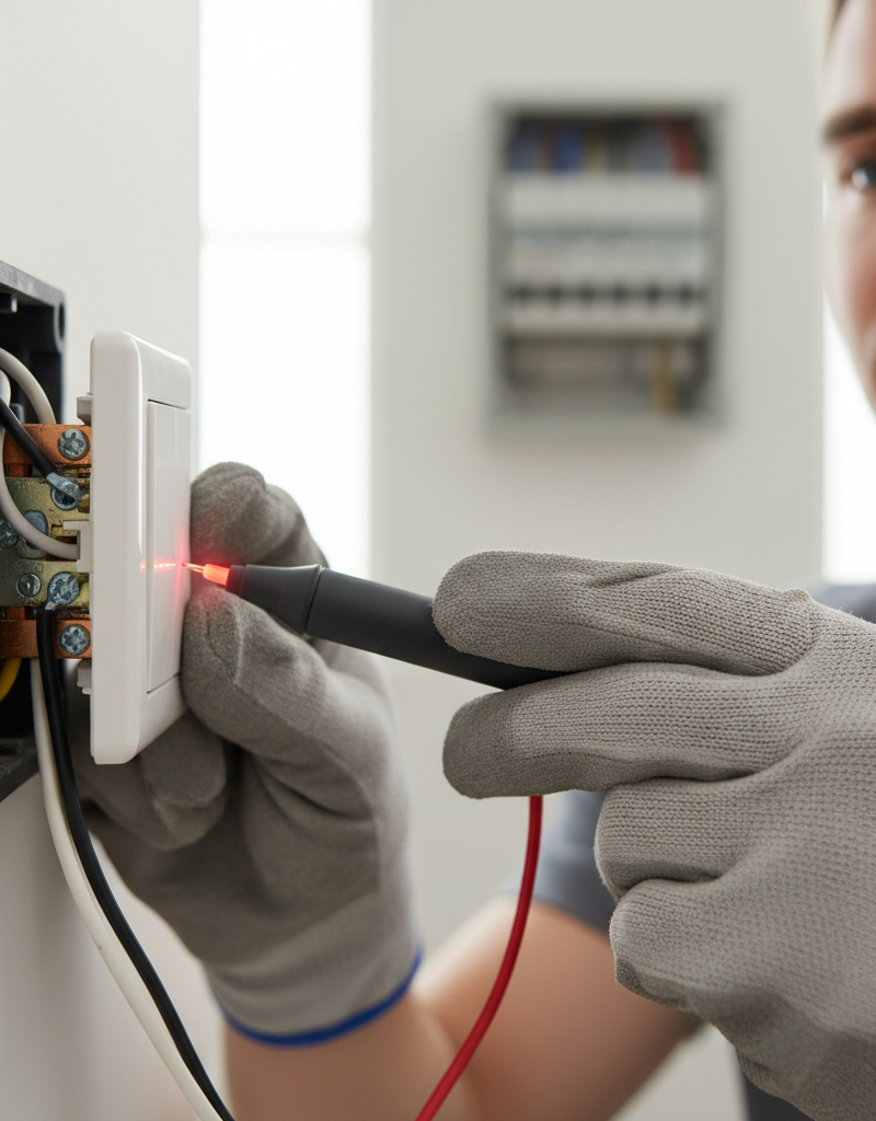 Homeowner testing a pulled-out light switch with a non-contact voltage tester to ensure power is off