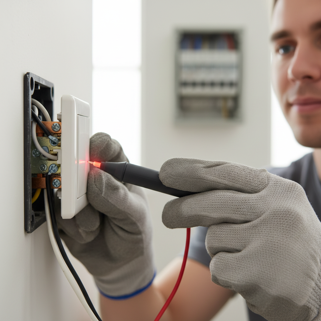 Homeowner testing a pulled-out light switch with a non-contact voltage tester to ensure power is off
