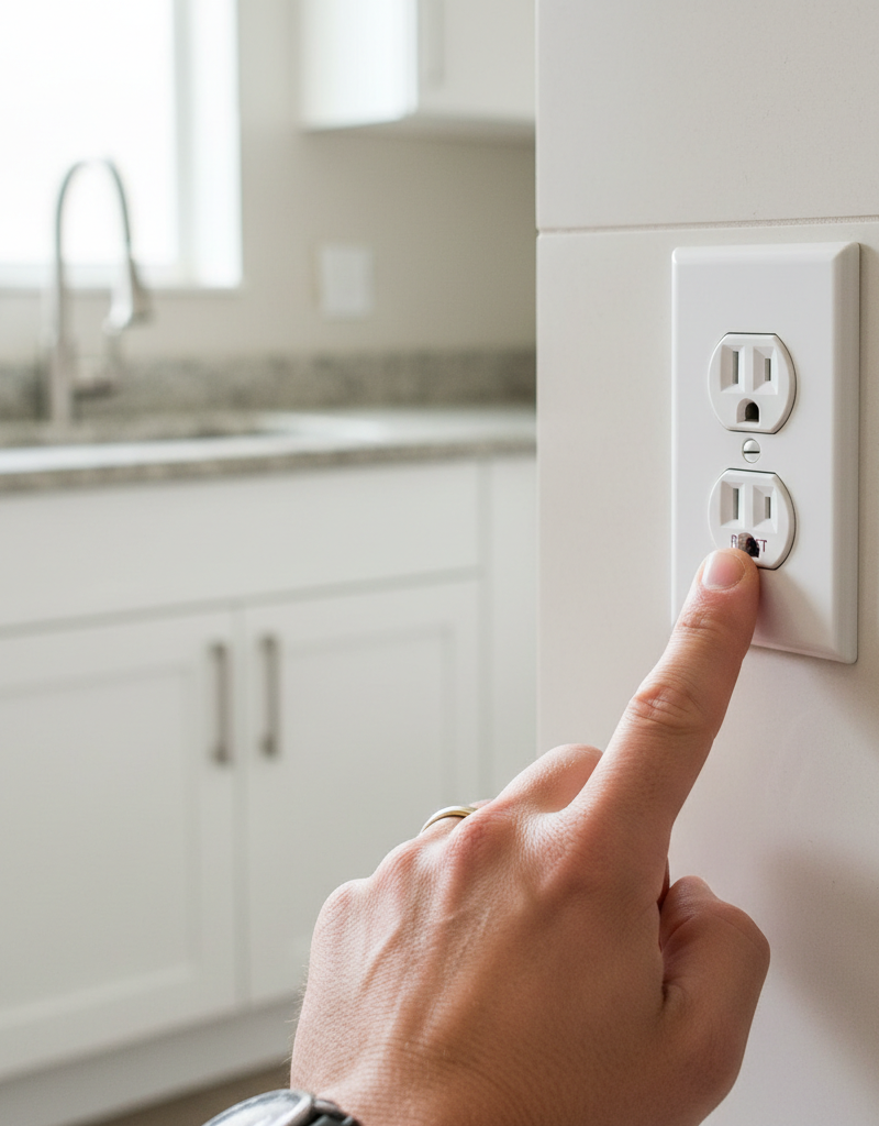 Homeowner's hand resetting a GFCI outlet to restore power to a dead outlet.