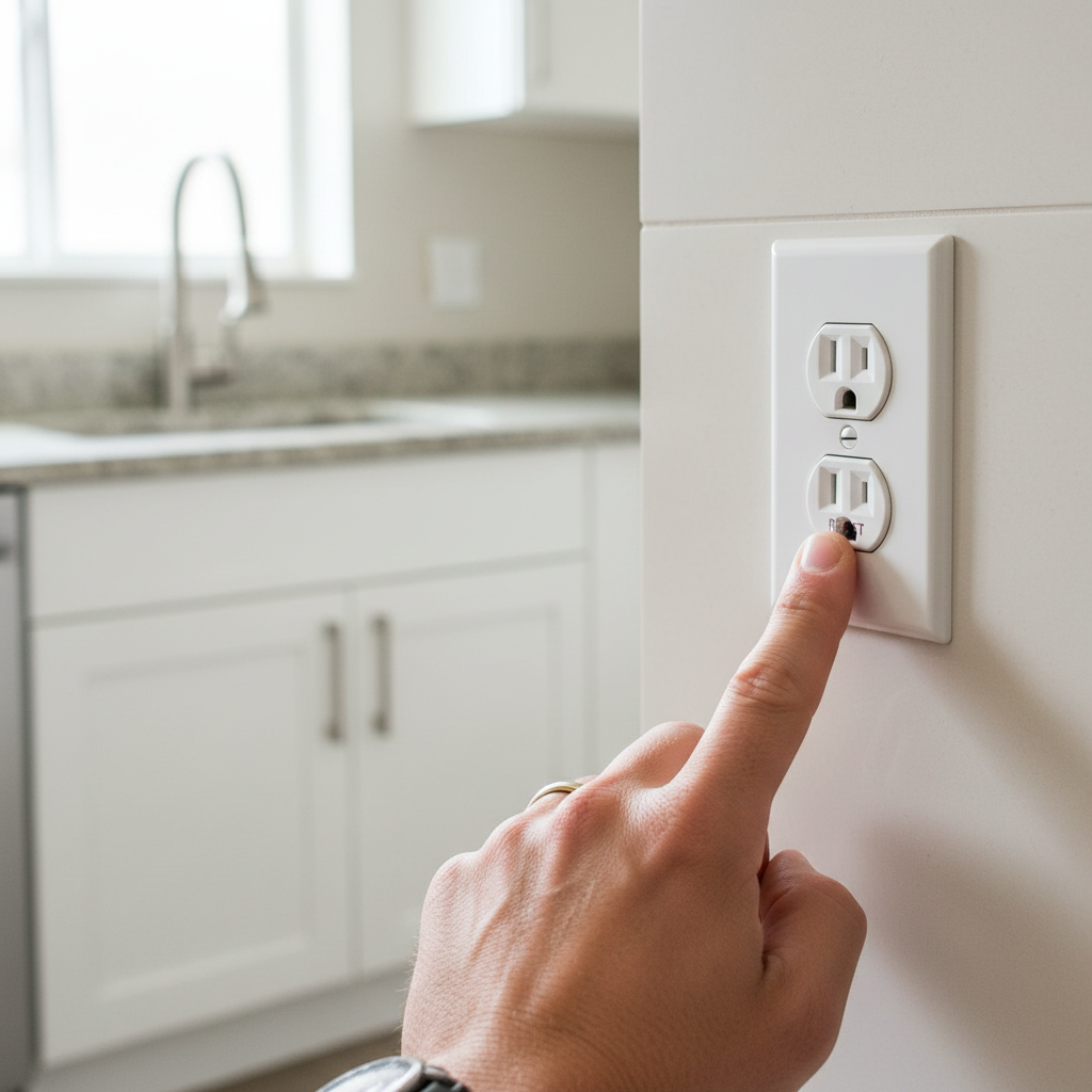 Homeowner's hand resetting a GFCI outlet to restore power to a dead outlet.