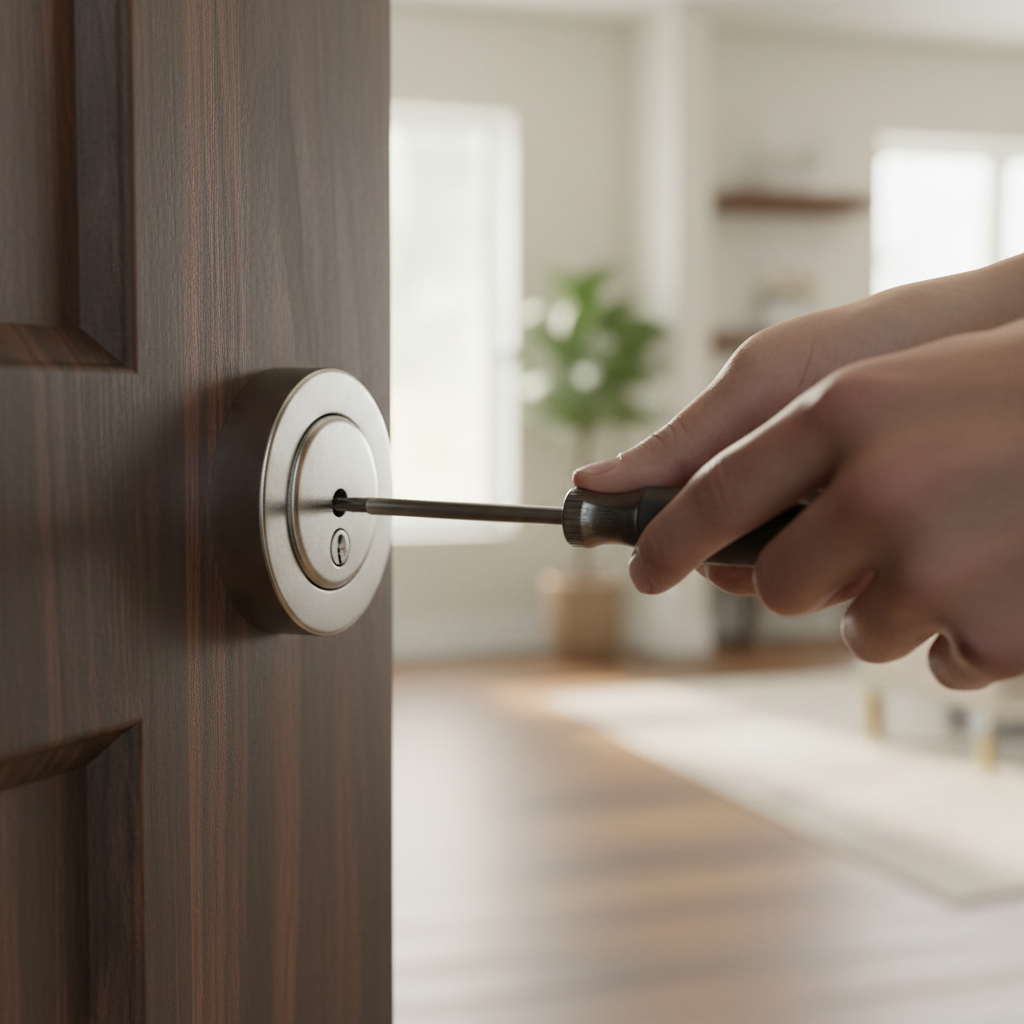 Hands tightening screws on a new silver deadbolt lock with a Phillips head screwdriver on a wooden door.