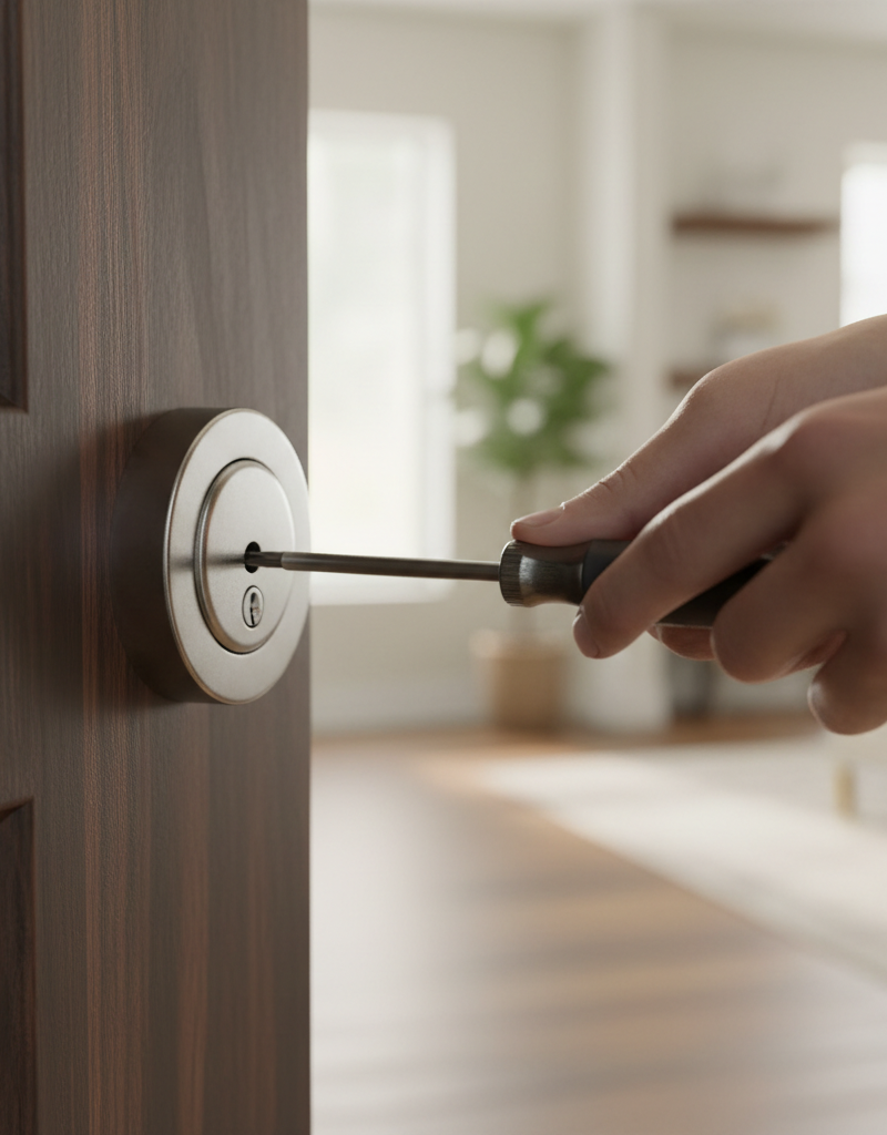 Hands tightening screws on a new silver deadbolt lock with a Phillips head screwdriver on a wooden door.