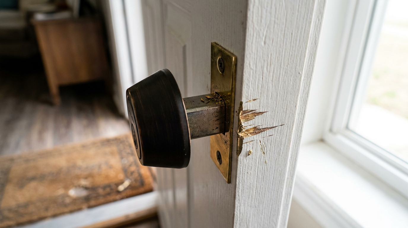 A misaligned deadbolt scraping the strike plate on a door frame, causing it to stick.
