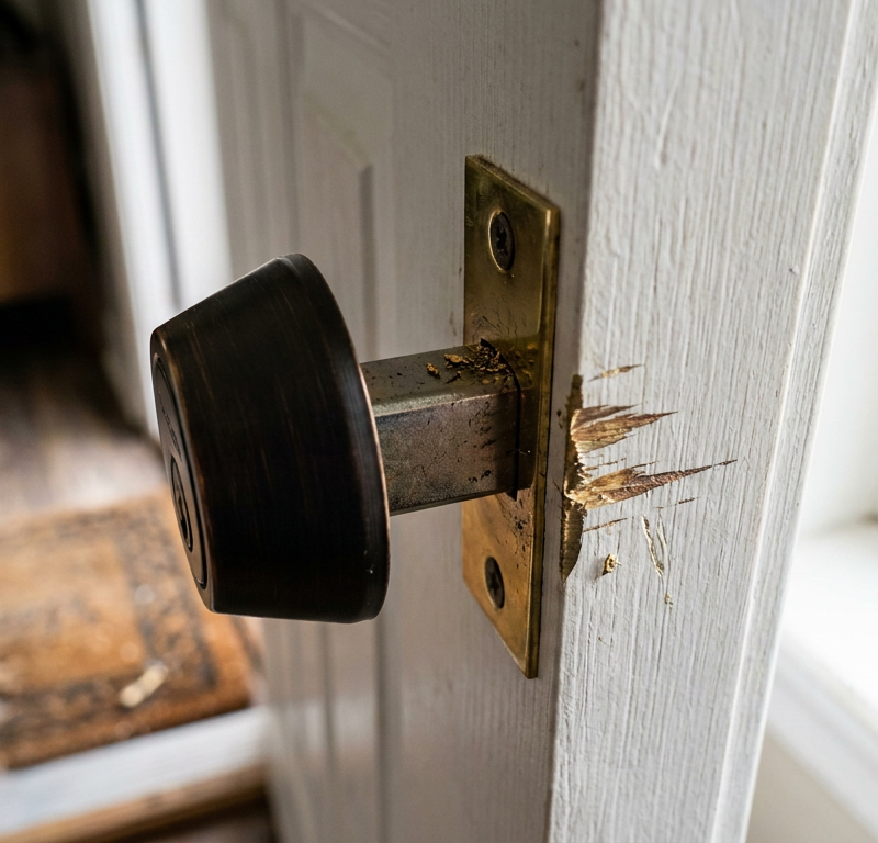A misaligned deadbolt scraping the strike plate on a door frame, causing it to stick.
