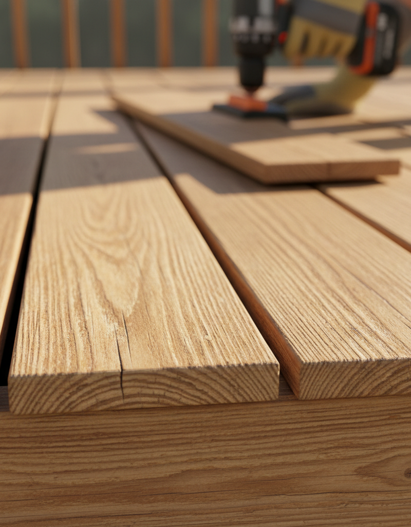 Close-up of cupped wooden deck boards with sunlight highlighting the texture, showing the common problem of warping.