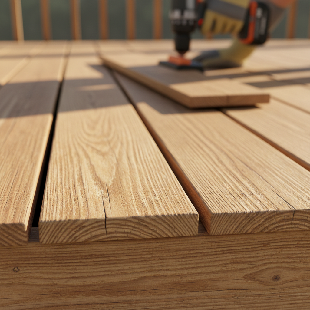 Close-up of cupped wooden deck boards with sunlight highlighting the texture, showing the common problem of warping.