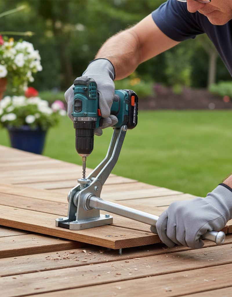 Homeowner repairing a warped deck board with a drill and a board straightening tool.