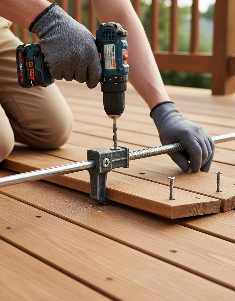 Homeowner repairing a warped deck board by clamping it flat and re-fastening with new screws.