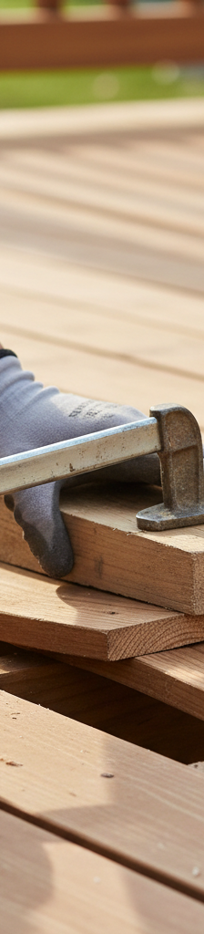 Contractor flattening a warped deck board with a clamp and wood block