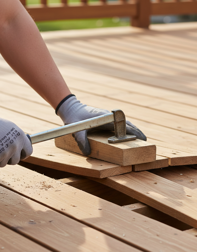 Contractor flattening a warped deck board with a clamp and wood block