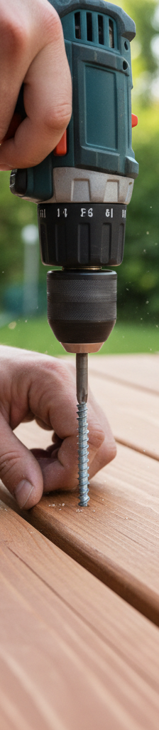 Homeowner using a drill to flatten a slightly cupped deck board with a new deck screw.