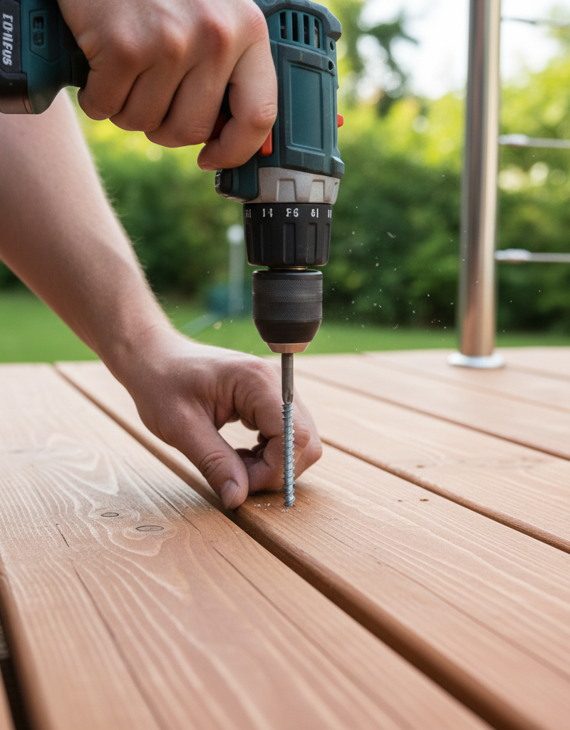 Homeowner using a drill to flatten a slightly cupped deck board with a new deck screw.