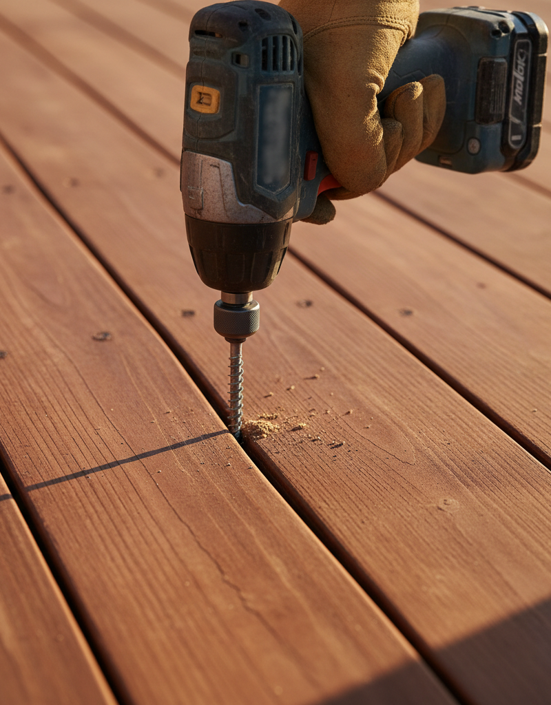 Homeowner repairing a warped deck board with a drill and deck screws