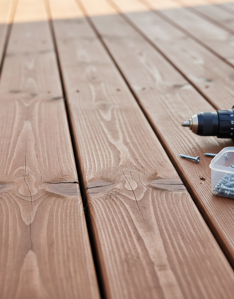 Close-up of a slightly warped cedar deck board on a sunny day, showing a common cupping issue with tools nearby.