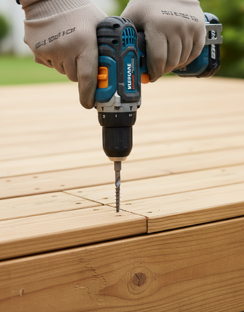 Homeowner using a drill to fix a cupped wooden deck board on a sunny day