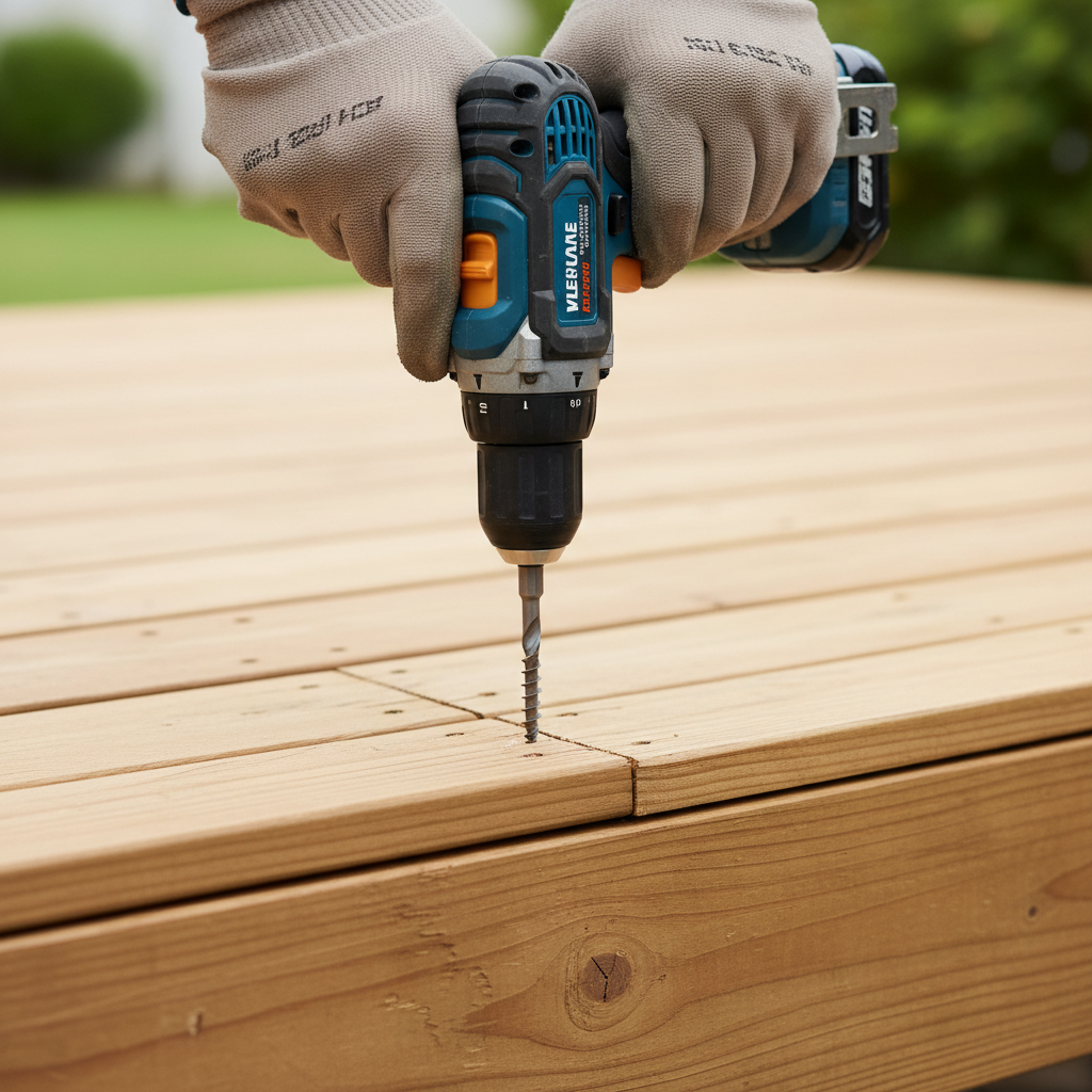 Homeowner using a drill to fix a cupped wooden deck board on a sunny day