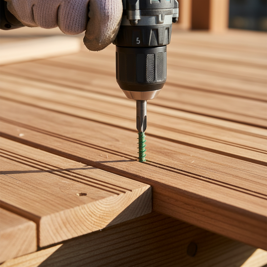 Homeowner using a drill to fix a warped deck board by driving a screw into the wood.