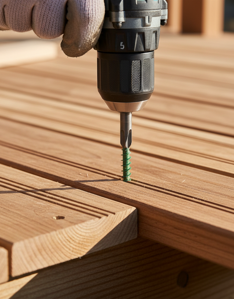 Homeowner using a drill to fix a warped deck board by driving a screw into the wood.