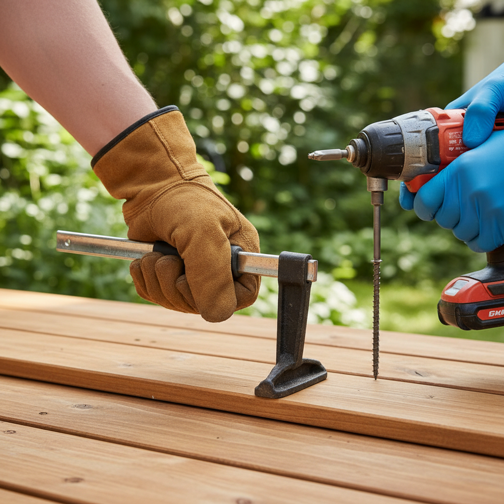 Person using a C-clamp and drill to straighten and secure a warped deck board.