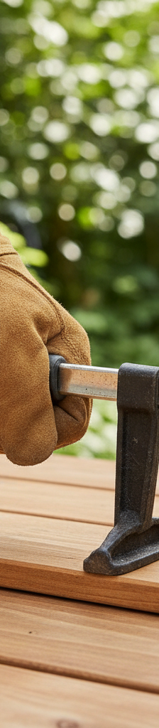 Person using a C-clamp and drill to straighten and secure a warped deck board.