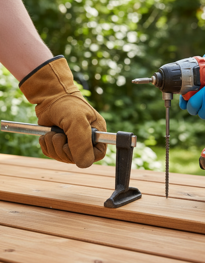 Person using a C-clamp and drill to straighten and secure a warped deck board.