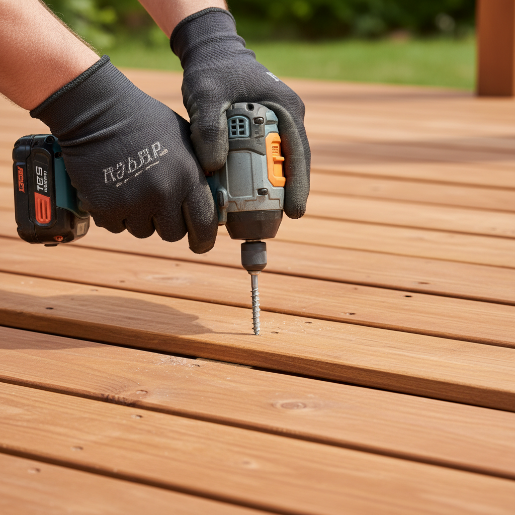 A homeowner's hands using an impact driver to re-secure a slightly cupped deck board to a joist with a new exterior-grade screw.