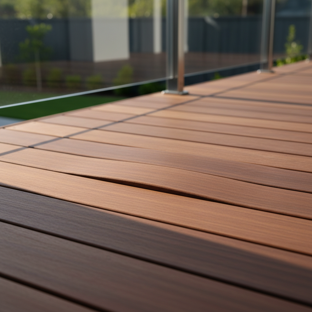 A close-up view of a warped wooden deck board exhibiting slight cupping on a well-maintained outdoor deck.