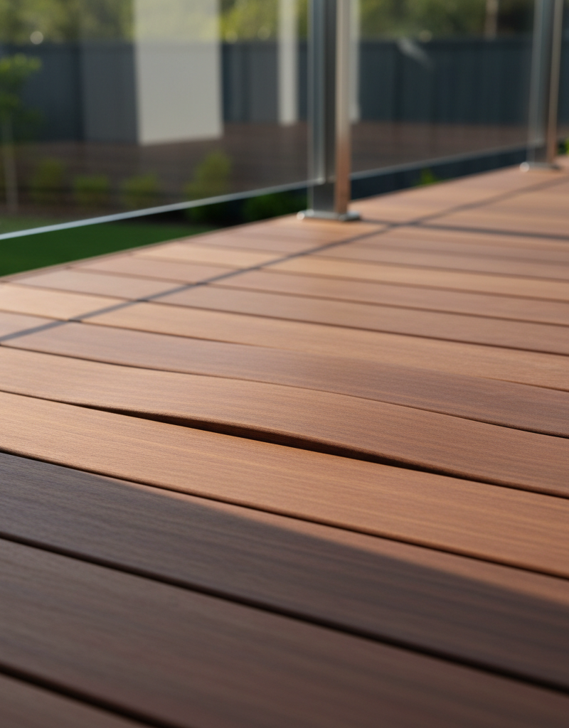 A close-up view of a warped wooden deck board exhibiting slight cupping on a well-maintained outdoor deck.