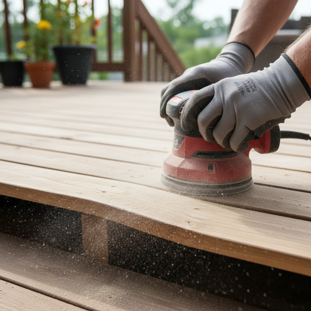 Homeowner sanding a cupped wooden deck board to fix warping