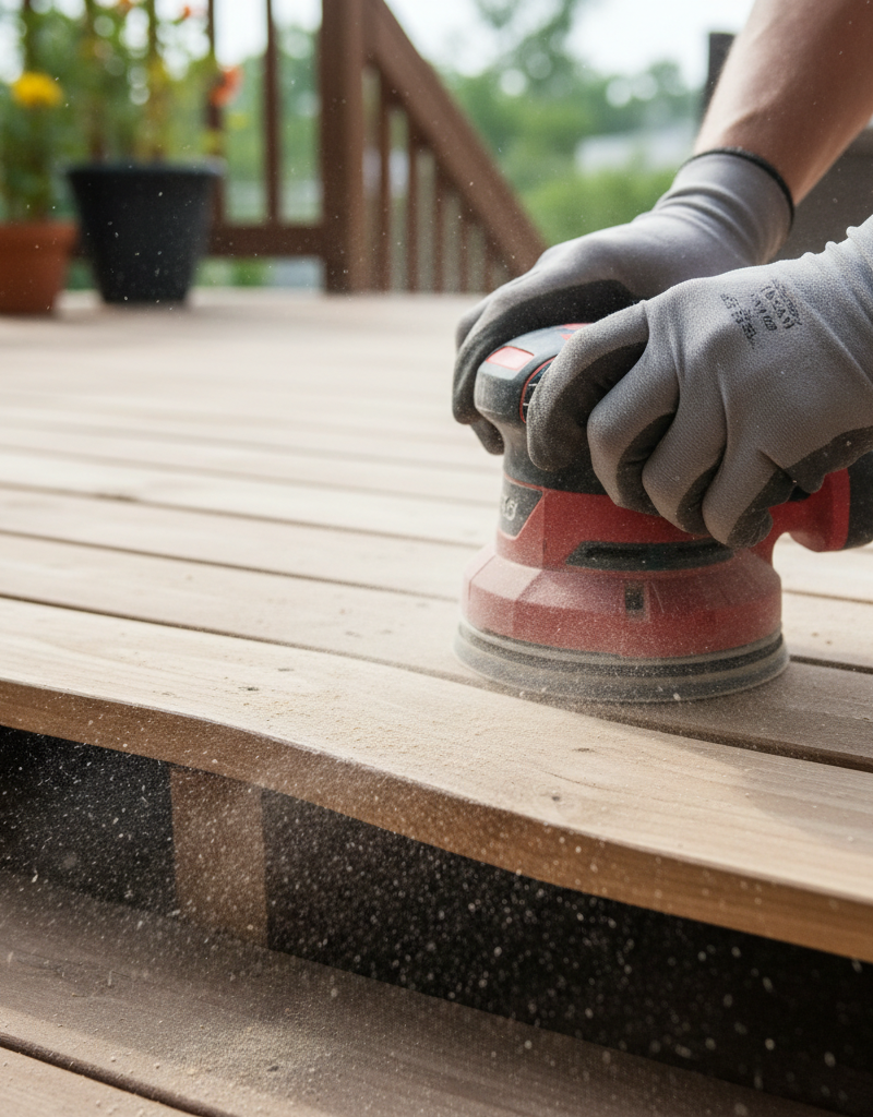 Homeowner sanding a cupped wooden deck board to fix warping