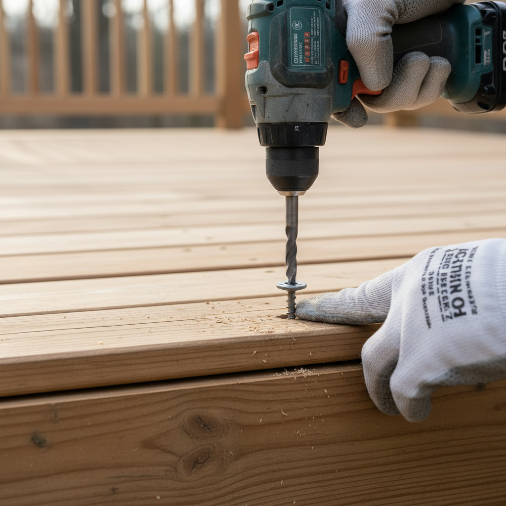 Homeowner repairing a slightly warped wooden deck board with a drill and deck screws