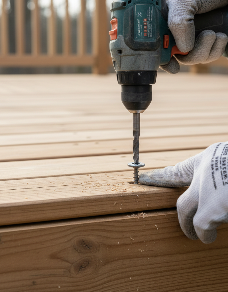 Homeowner repairing a slightly warped wooden deck board with a drill and deck screws
