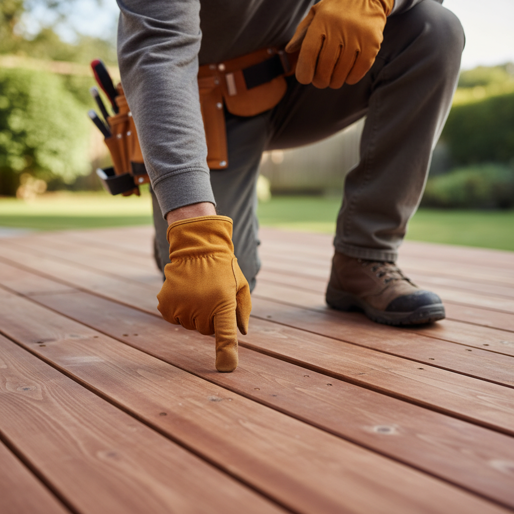 Contractor examining a slightly warped wooden deck board with his gloved hand, assessing the damage.