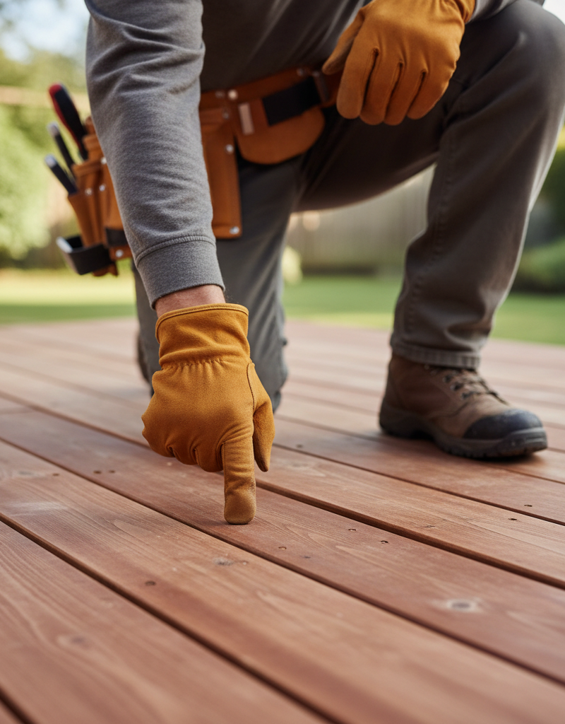 Contractor examining a slightly warped wooden deck board with his gloved hand, assessing the damage.