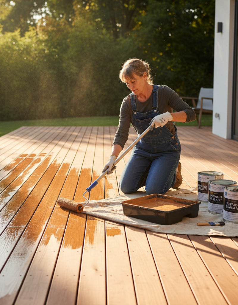 Homeowner applying wood sealant to a deck with a roller
