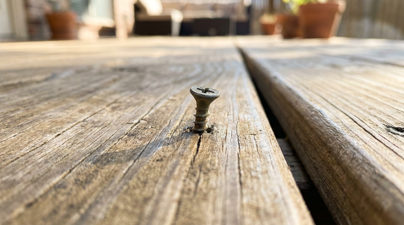 A close-up shot of a raised, popped deck screw backing out of a weathered wood patio plank