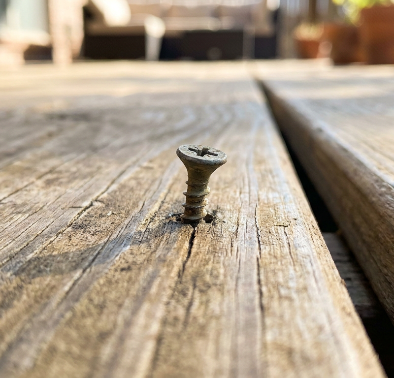 A close-up shot of a raised, popped deck screw backing out of a weathered wood patio plank