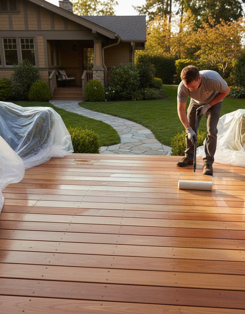 A homeowner carefully sealing a clean, prepped wooden deck with a roller for even application.