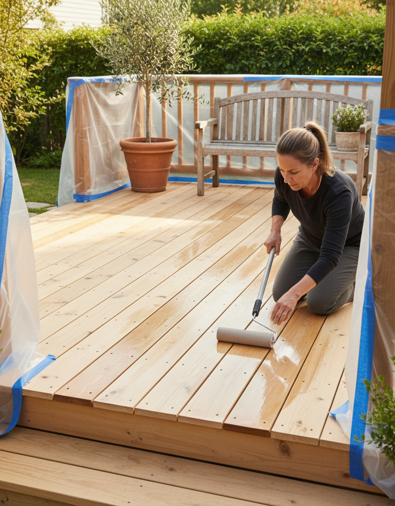 Homeowner applying sealant to a properly prepped wood deck using a roller