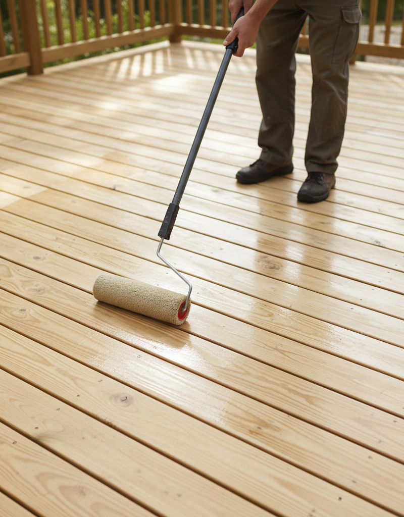 Homeowner applying sealant to a clean wood deck with a roller