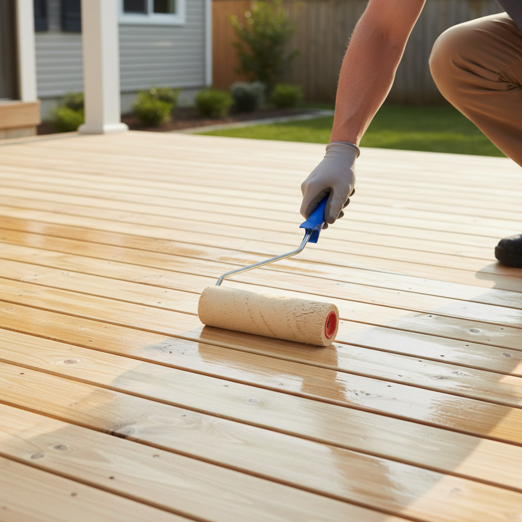 Homeowner applying clear wood sealer to a clean deck with a roller, showing proper technique