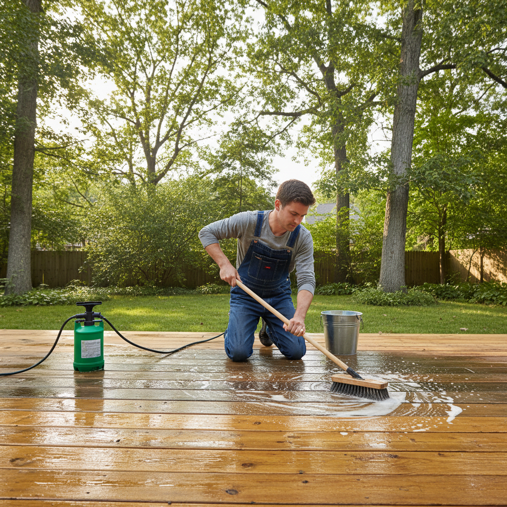 Homeowner preparing a wooden deck by scrubbing with a brush before sealing, showing a clean wood surface.