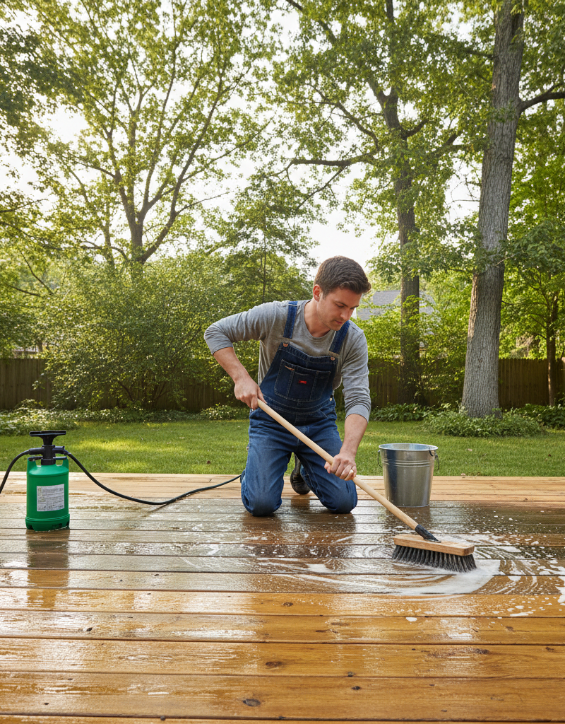 Homeowner preparing a wooden deck by scrubbing with a brush before sealing, showing a clean wood surface.