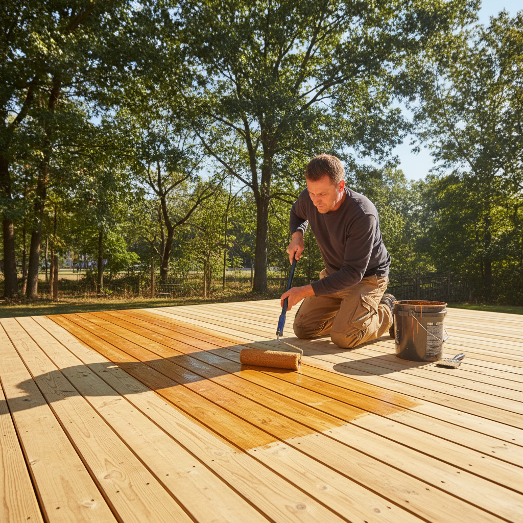Homeowner applying wood deck sealant with a roller on a clean deck